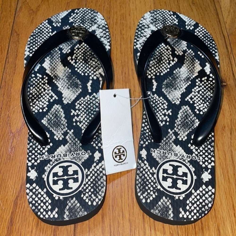 Tory Burch Classic Snake Reptile Preppy Perfect Black Thong Flip Flop Sandals - Picture 8 of 15